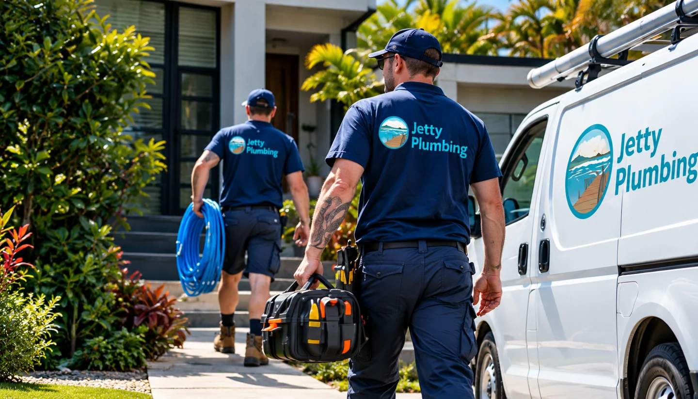 Illustrative image of Jetty Plumbing tradespeople arriving at a coastal home with their work van